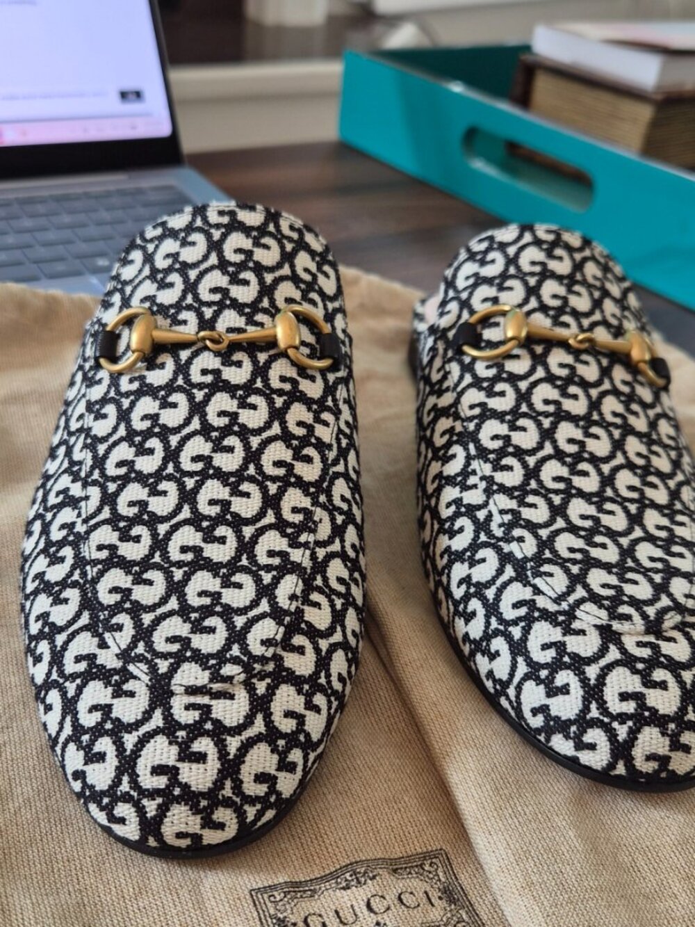 GUCCI PRINCETOWN HORSEBIT GG JACQUARD LOAFER MULE EU 38 1/2 Run Small! - Picture 8 of 9